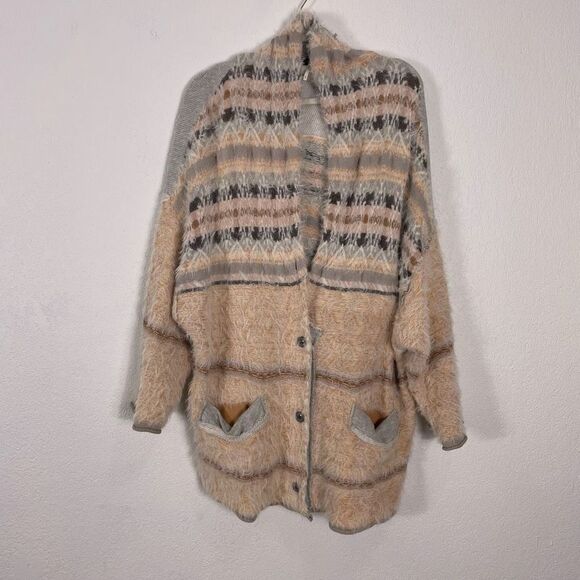Free People Fair Weather Fuzzy Patterned Cardigan Sweater - Picture 1 of 7